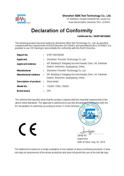 Porcellana Shenzhen ThreeNH Technology Co., Ltd. Certificazioni