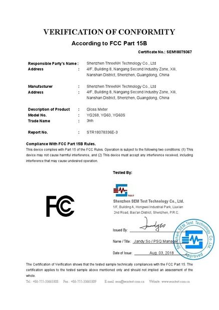 Porcellana Shenzhen ThreeNH Technology Co., Ltd. Certificazioni