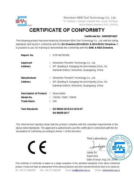 Cina Shenzhen ThreeNH Technology Co., Ltd. Certificazioni